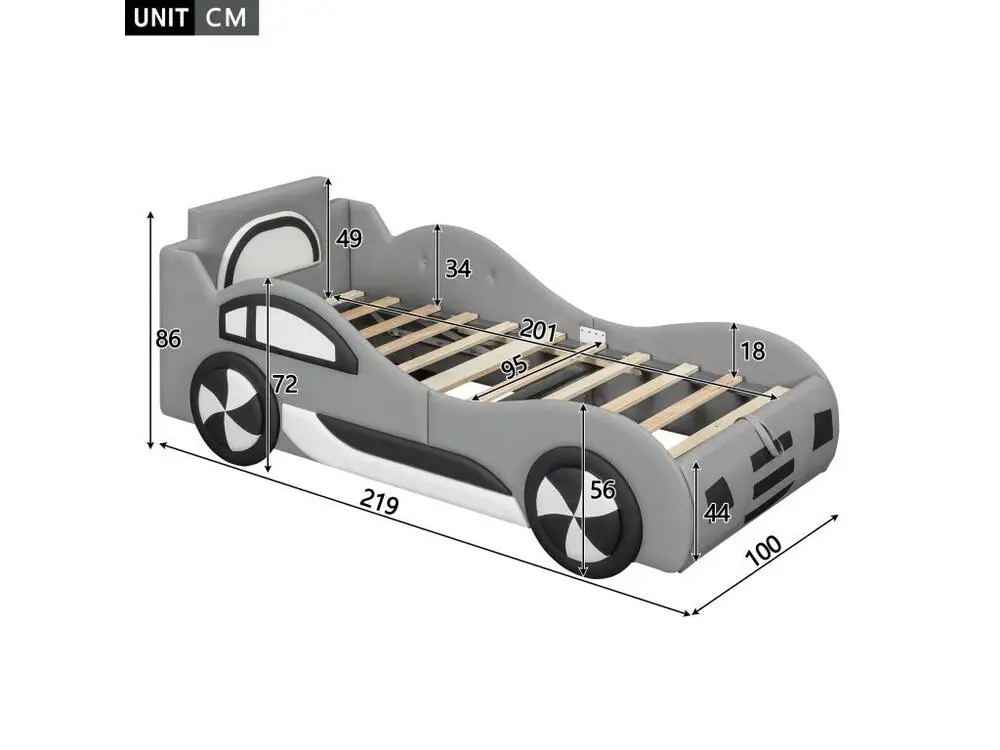 Lit enfant en forme de voiture - lit coffre en similicuir 90x200cm avec sommier à lattes - gris