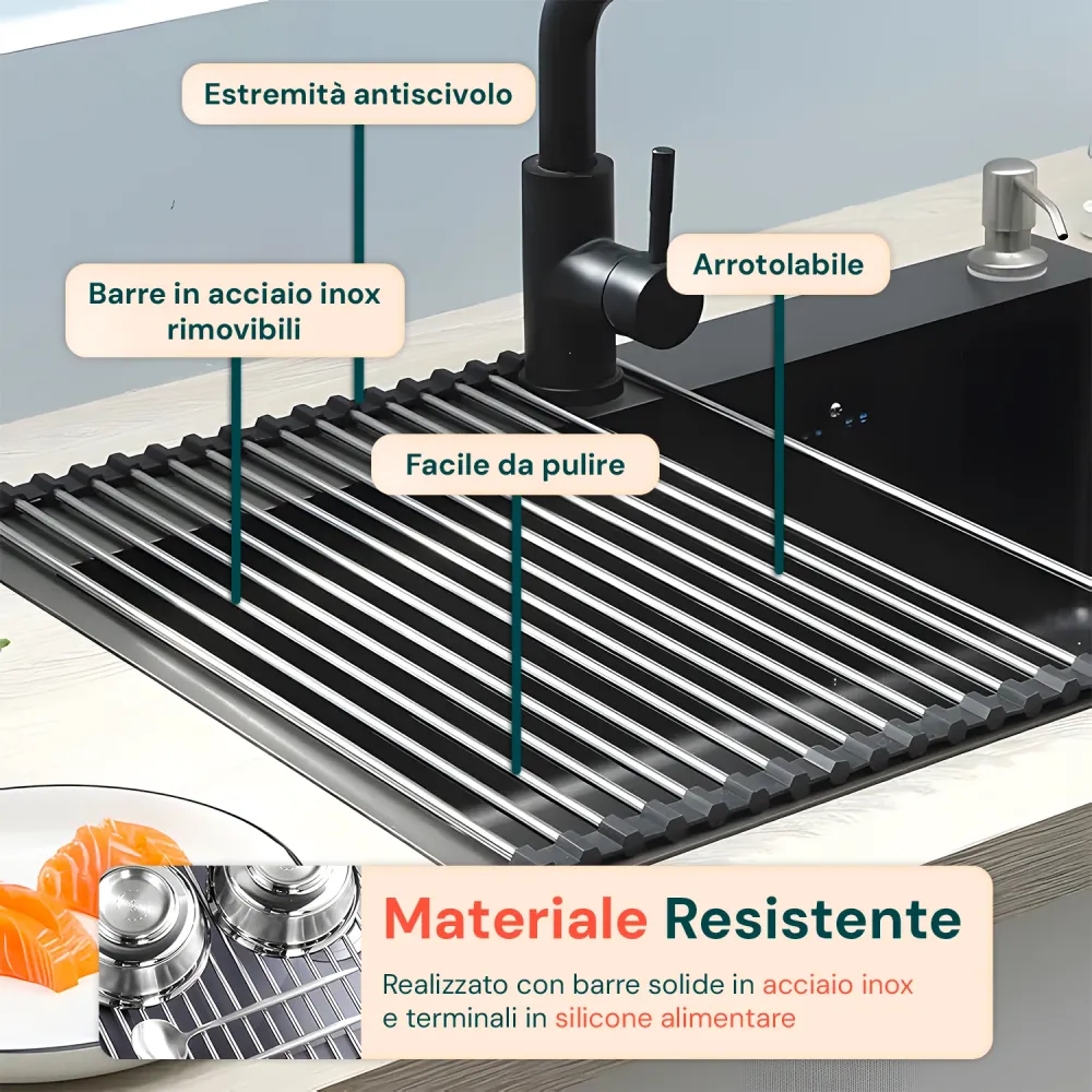 Scolapiatti Arrotolabile Acciaio Inox 43x35 cm – Resistente e Antiscivolo