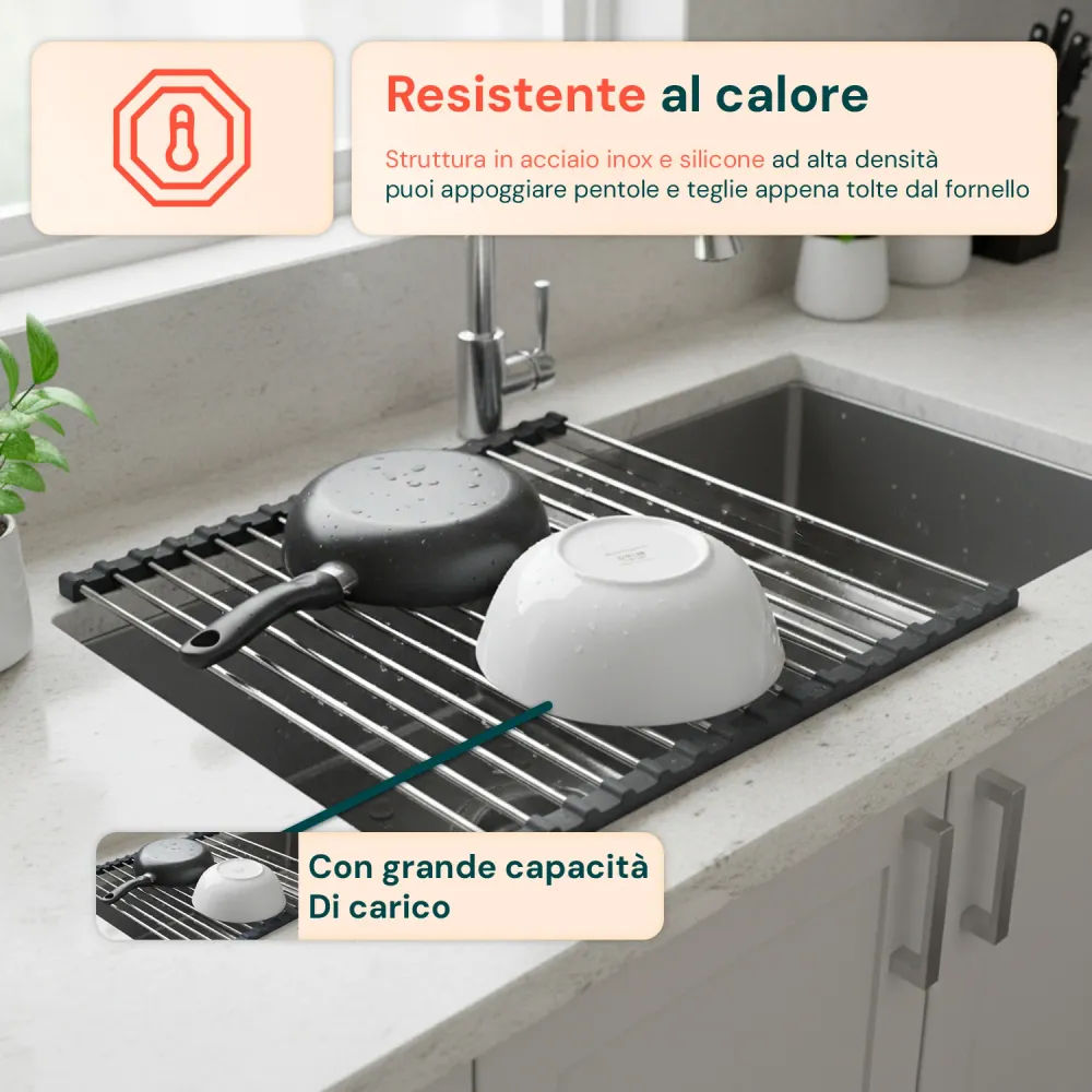 Scolapiatti Arrotolabile Acciaio Inox 43x35 cm – Resistente e Antiscivolo