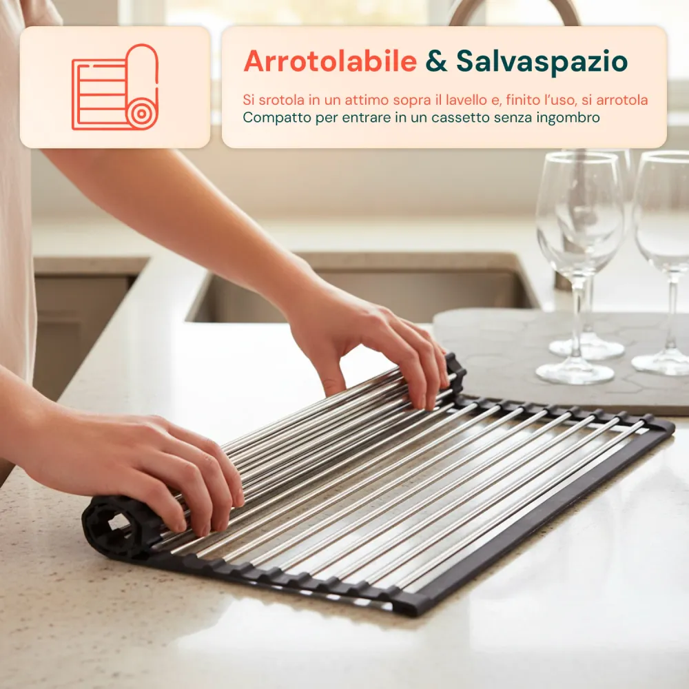 Scolapiatti Arrotolabile Acciaio Inox 43x35 cm – Resistente e Antiscivolo