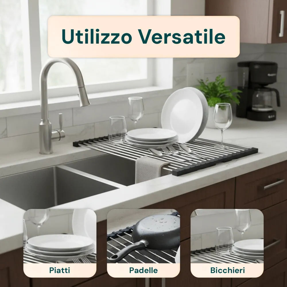 Scolapiatti Arrotolabile Acciaio Inox 43x35 cm – Resistente e Antiscivolo