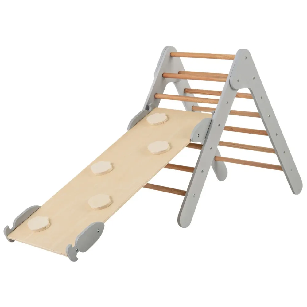 3 en 1 triangle d'escalade enfant en bois rampe deux fois face à angle réglable pour grimper et glisser gris 20_0007585
