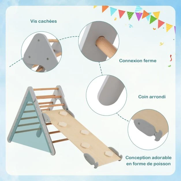 3 en 1 triangle d'escalade enfant en bois rampe deux fois face à angle réglable pour grimper et glisser gris 20_0007585