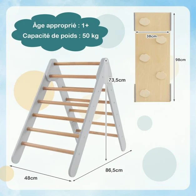 3 en 1 triangle d'escalade enfant en bois rampe deux fois face à angle réglable pour grimper et glisser gris 20_0007585