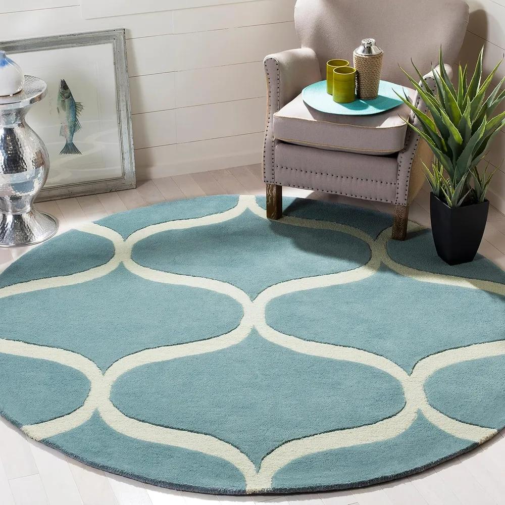 Pneu tout-terrain quad Round Blue & White Super Souple New Zealand Wool Rug