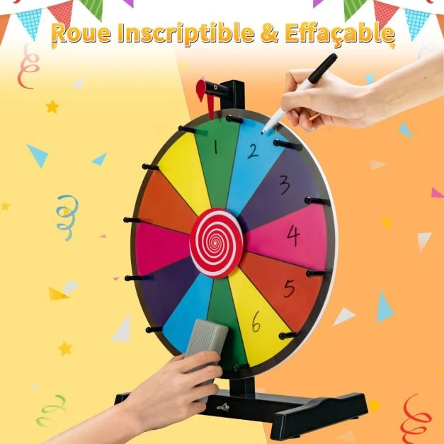 Roue de la fortune 15 pouces (dia.38 cm) - 12 emplacements prize wheel avec marqueur effaceur base antidérapante 20_0009173