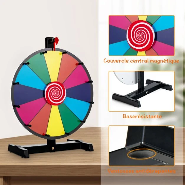 Roue de la fortune 15 pouces (dia.38 cm) - 12 emplacements prize wheel avec marqueur effaceur base antidérapante 20_0009173