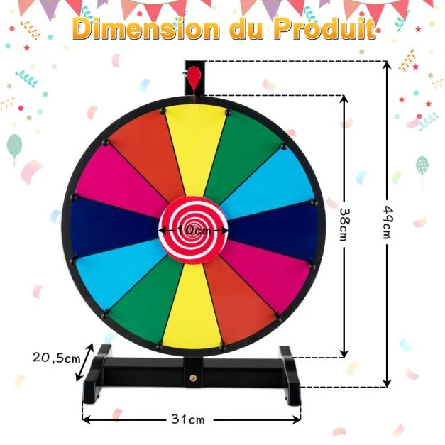 Roue de la fortune 15 pouces (dia.38 cm) - 12 emplacements prize wheel avec marqueur effaceur base antidérapante 20_0009173