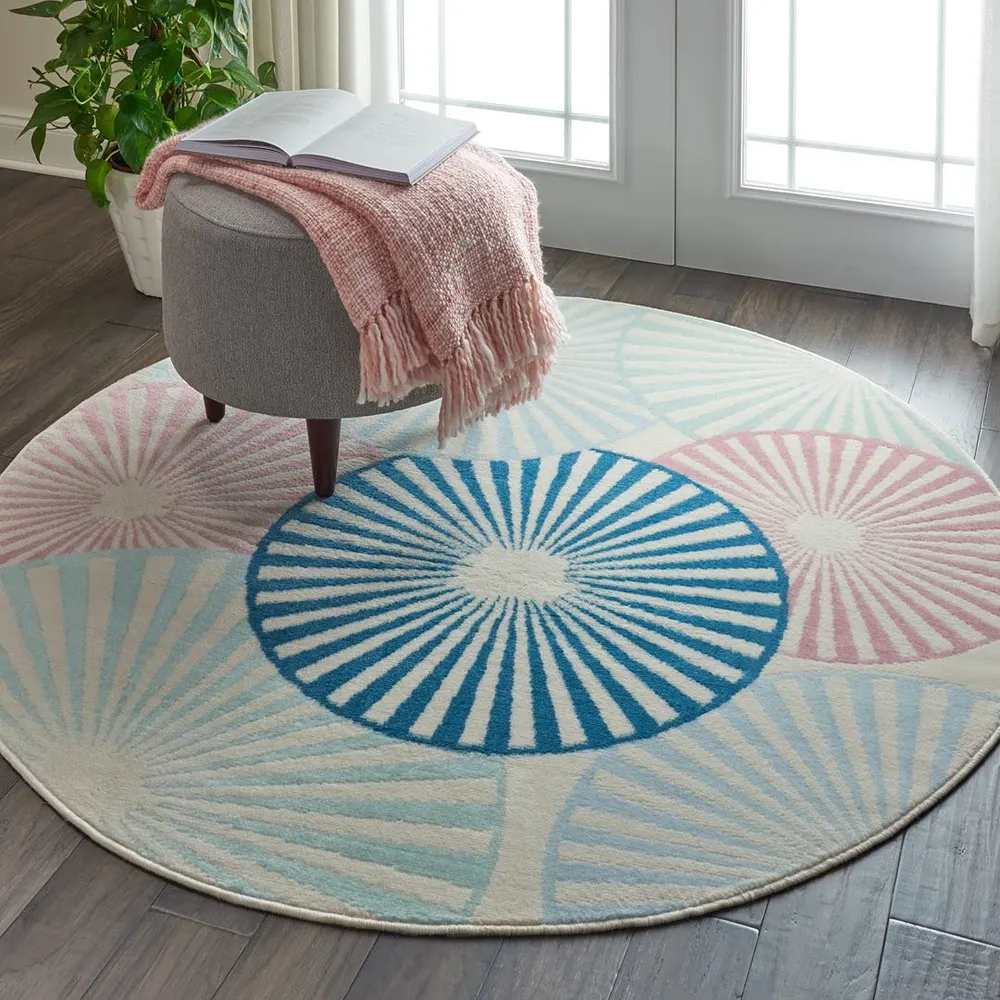 Round Ivory Blue & Pink Récent Zealand Wool Rug