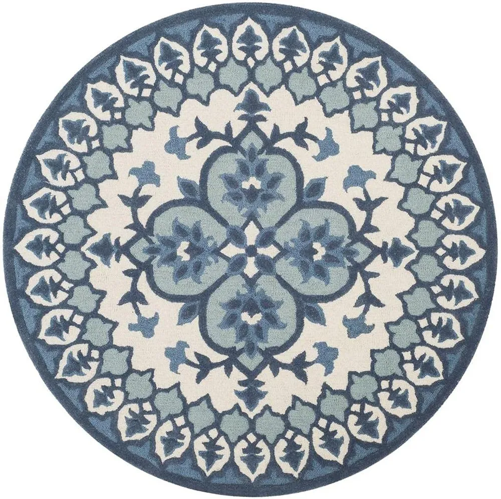 Round Traditional Blanc pur & Blue New Zealand Wool Rug pour amélioration performances