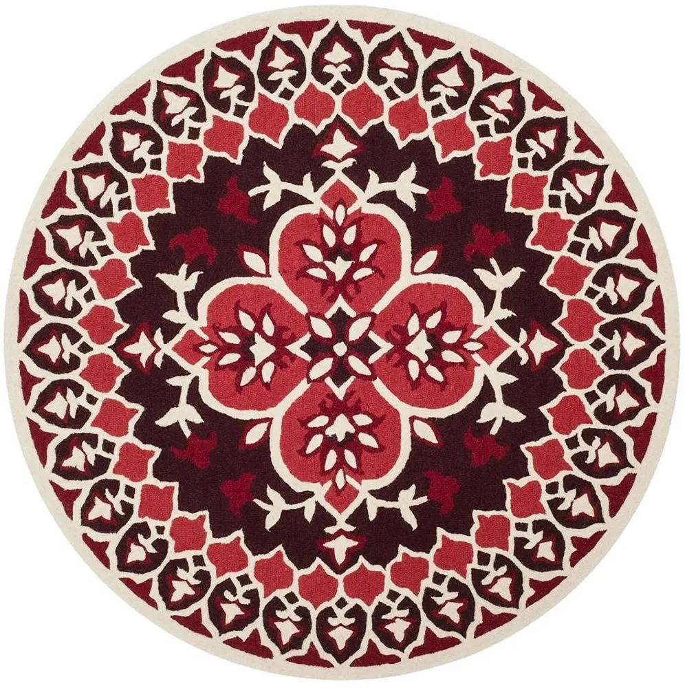 Round Traditional Blanc pur & Red New Zealand Wool Rug