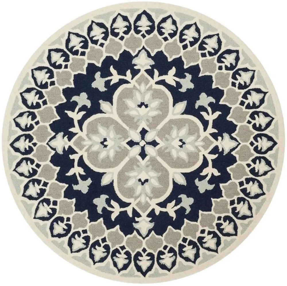 Round Traditional Blue & Blanc pur New Zealand Wool Rug en acier inoxydable