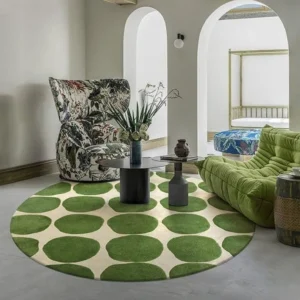 Round Vert olive & White New Zealand Wool Rug pour quads utilitaires