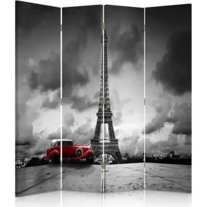 Paravent voiture rouge à paris 4 volets - 145 x 150 cm - 2 faces R° V° + rotation 360°