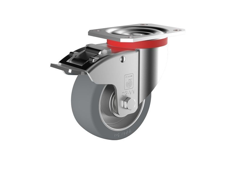Roue fixe costaud Wicke avec pneus souples Wicke - Greythane® 75 Shore polyuréthane gris sur jante en aluminium moulé sous...