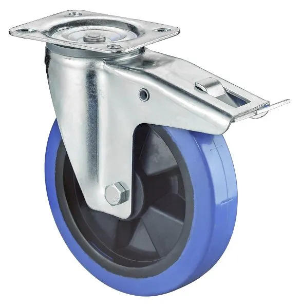 Rouleau de transport BS rollers avec frein largeur 45 mm Ø125 mm jusqu'à 140 kg pneus élastiques bleus corps de r...