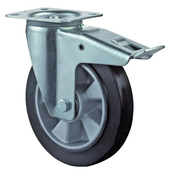 Rouleau de transport BS rollers avec frein largeur 40 mm Ø125 mm jusqu'à 200 kg pneus élastiques noirs corps de r...