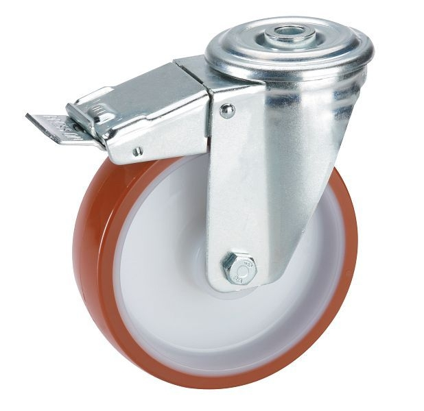 Roulette pivotante Dörner + Helmer avec bande de roulement PU corps avec frein total galvanisé 100x30 mm Rola trou arrière...