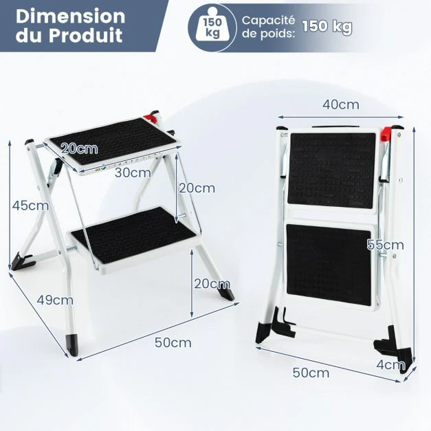 Marchepied 2 marches largie plianté cadre métallique imposant pédale antidérapante 50 x 49 x 45 cm capacité 150 kg noir +...