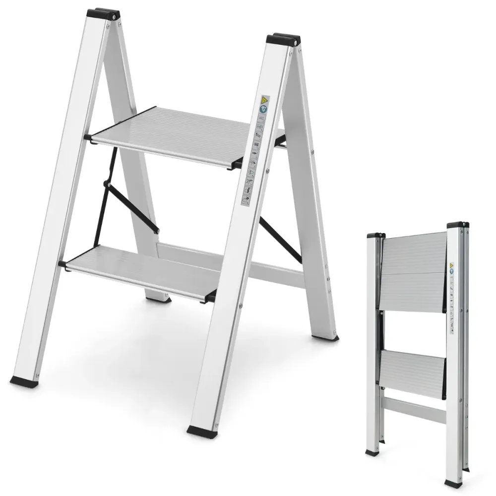 Marchepied pliable 2 marches en aluminium escabeau léger et mobile avec plateforme large marche antidérapante pieds en cao...