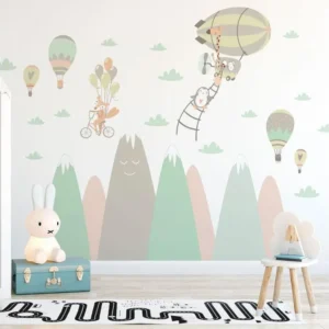 Stickers enfant montagnes scandinaves animaux joueurs 80 x 120 cm