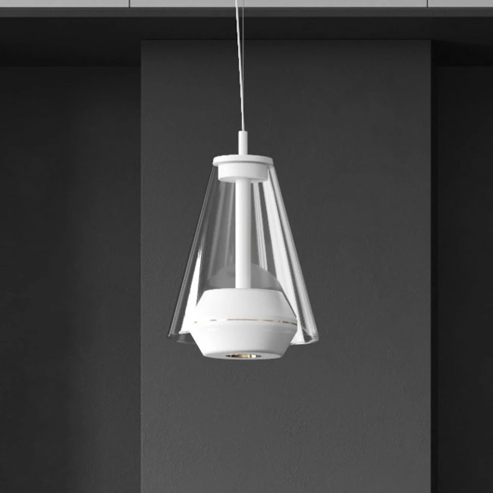 Prandina Shuttle suspension blanche, verre évident en acier inoxydable