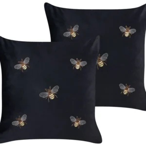 Set 2 Embroidered Panne Cushions Bees Motif 45 x 45 cm Black TALINUM