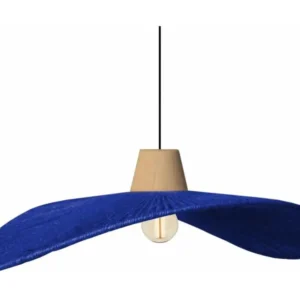 Suspension bois, filaire,ficelle coton bleu 70 cm. avec rivets de maillon