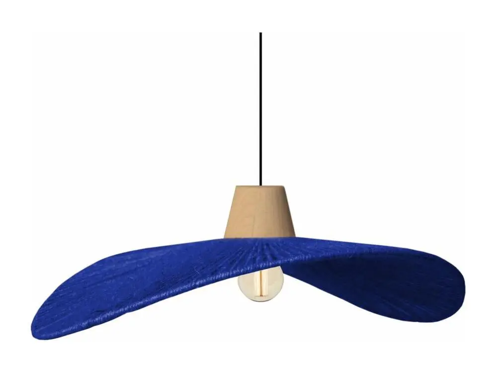 Suspension bois, filaire,ficelle coton bleu 70 cm. avec rivets de maillon