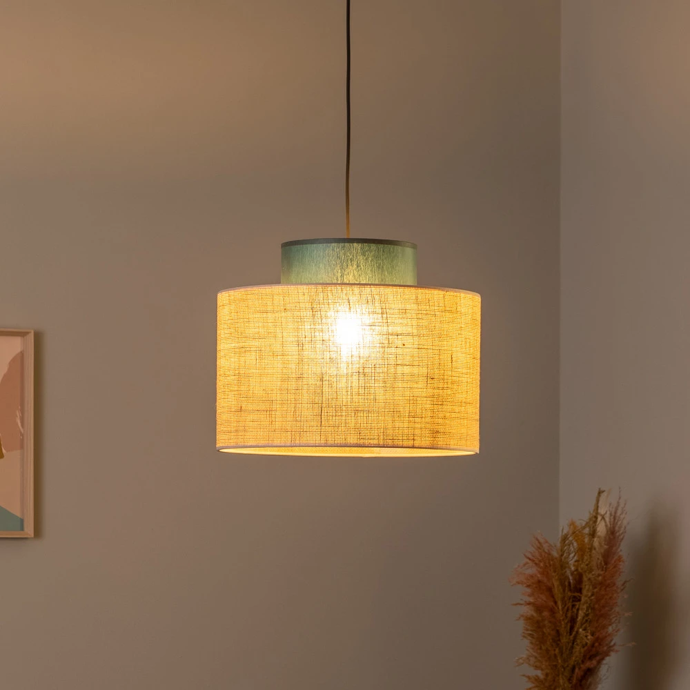 Suspension Duo, abat-jour en jute, pétrole/brun naturel, Ø 38 cm avec notice de montage