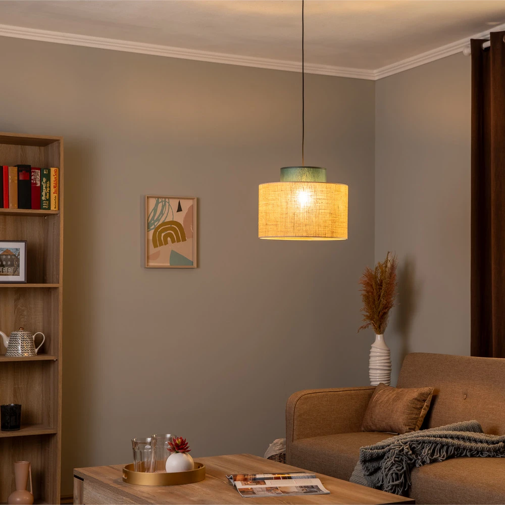 Suspension Duo, abat-jour en jute, pétrole/brun naturel, Ø 38 cm avec notice de montage