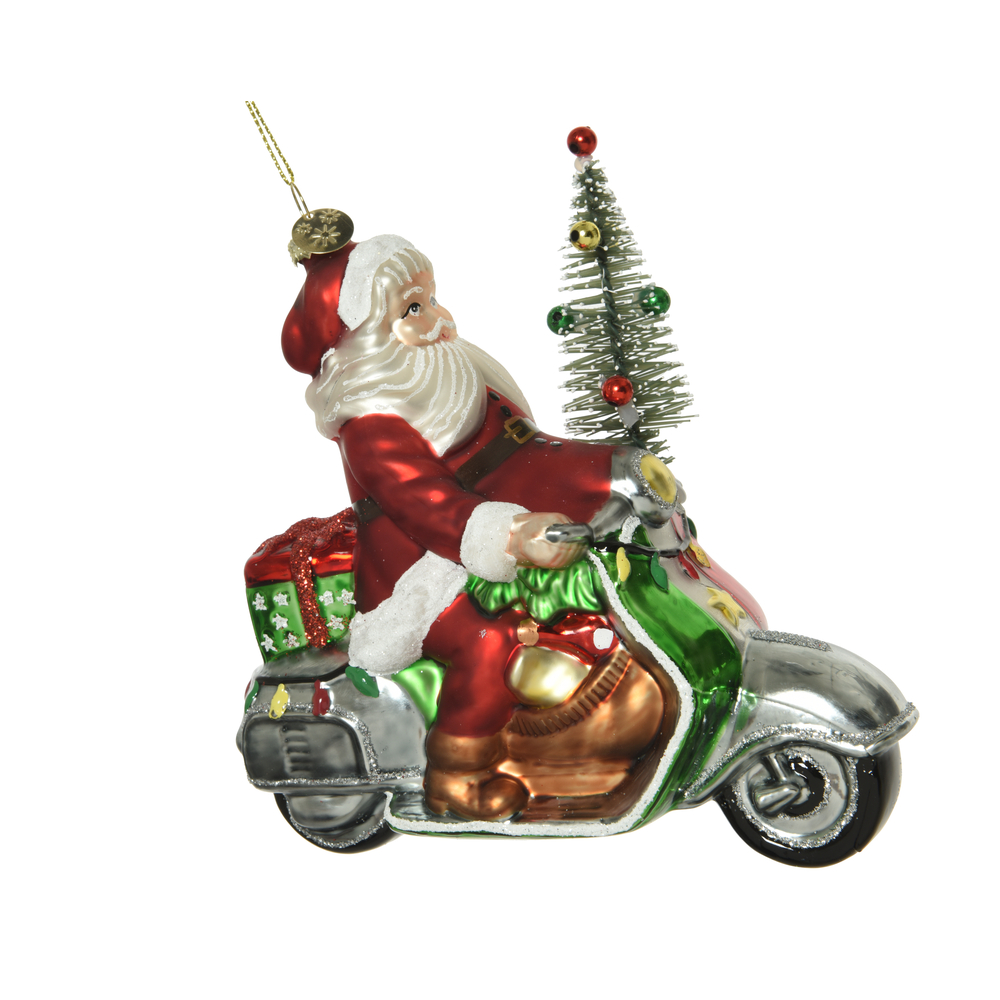 Suspension vere père noel moto sapin H 15 cm rouge - 520