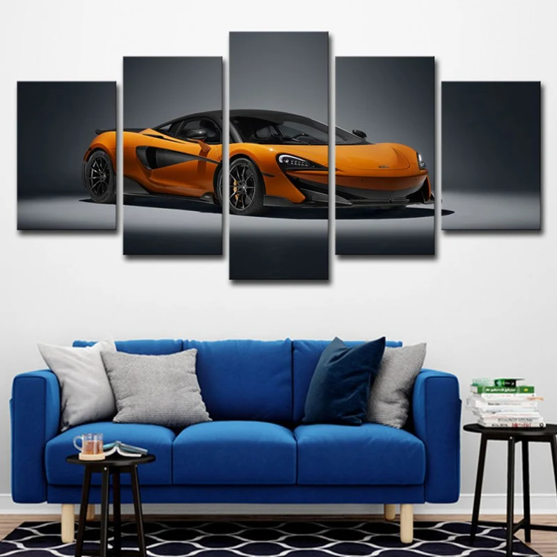 Impression sur toile multi-pièces novateur en forme de voiture de sport orange pour chambre à coucher
