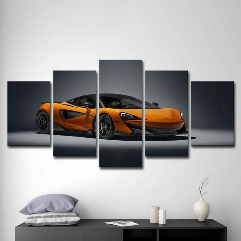 Impression sur toile multi-pièces novateur en forme de voiture de sport orange pour chambre à coucher
