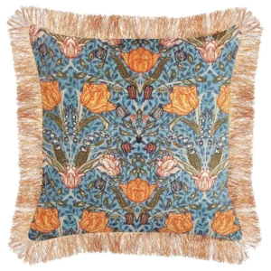 Velours Fringed Cushion Flower Pattern 45 x 45 cm Blue and Orange MITELLA