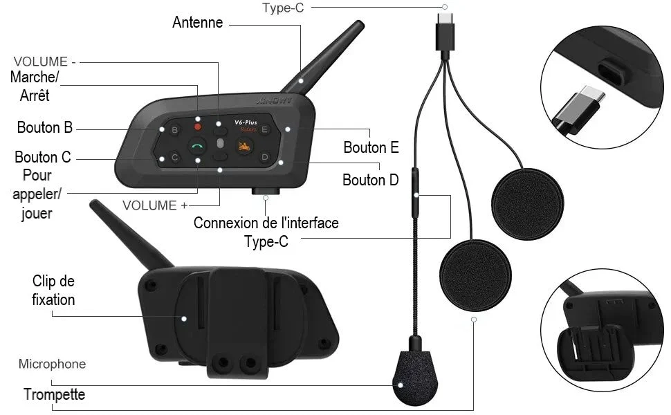 Intercom bluetooth moto V6 Plus 1200M 6 motards Antre du Motard