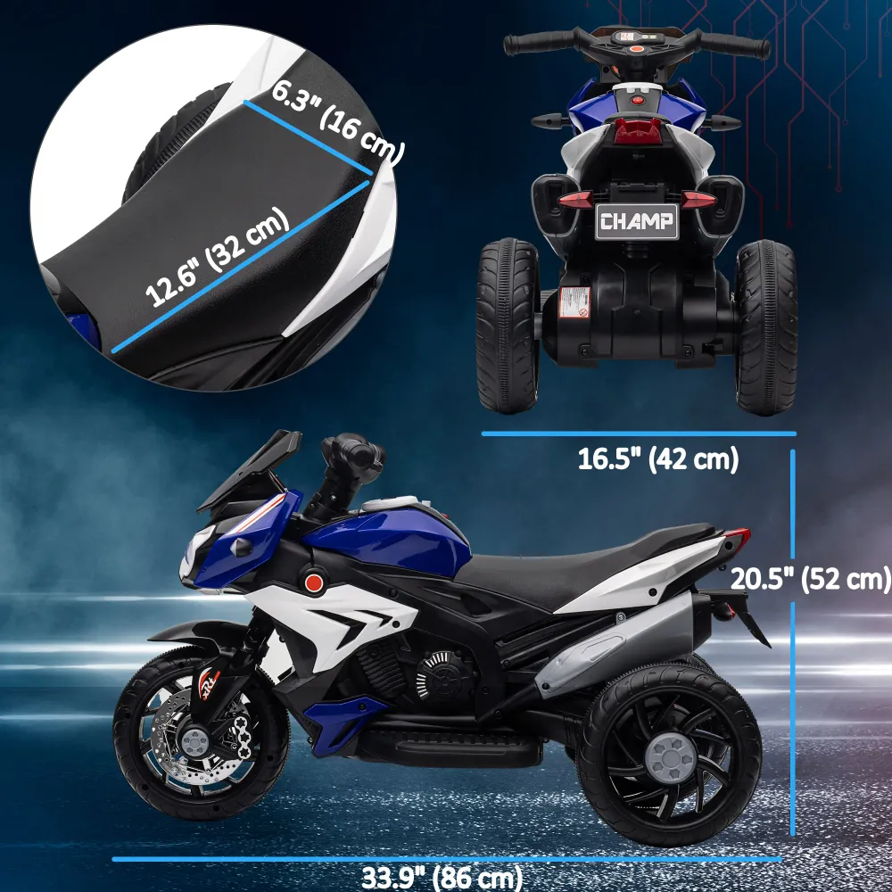 Moto électrique 6 V avec 3 roues, musique, klaxon, lumières, bleu Aosom