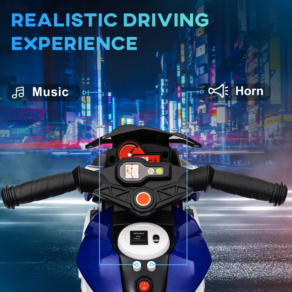 Moto électrique 6 V avec 3 roues, musique, klaxon, lumières, bleu Aosom