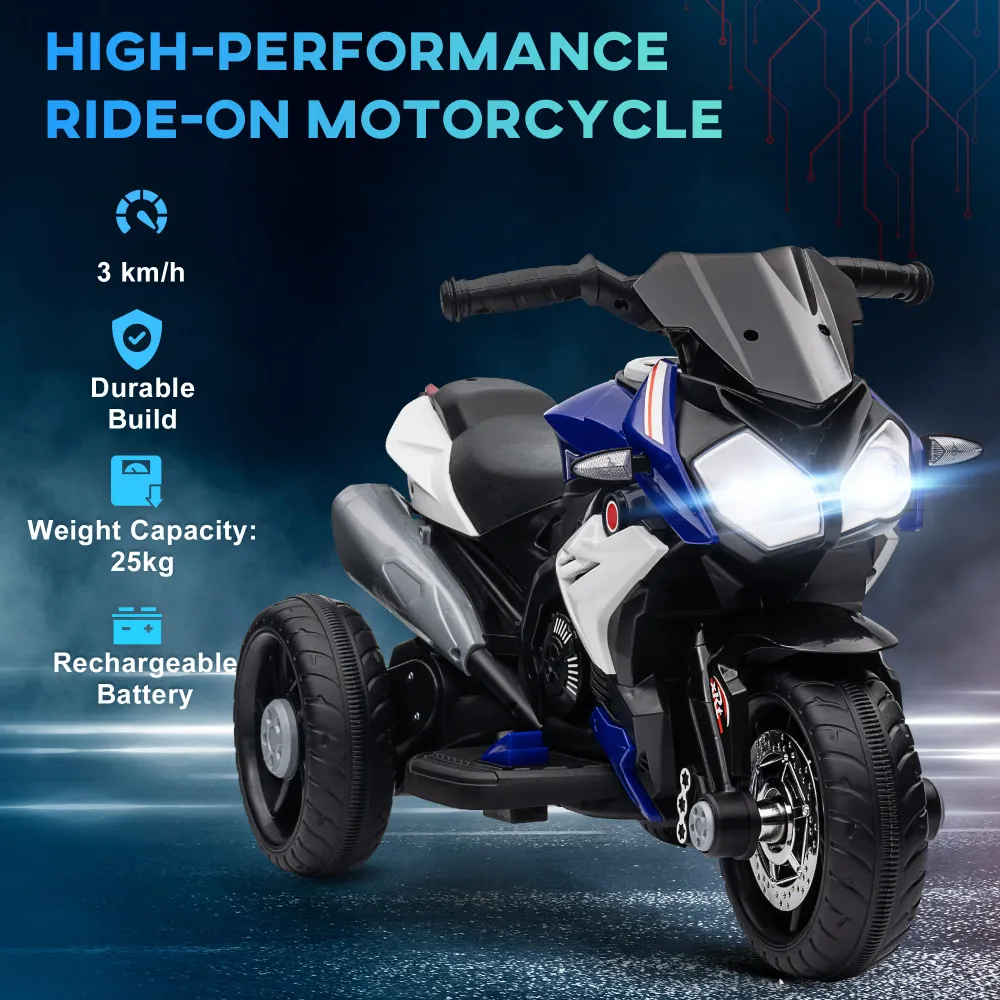 Moto électrique 6 V avec 3 roues, musique, klaxon, lumières, bleu Aosom