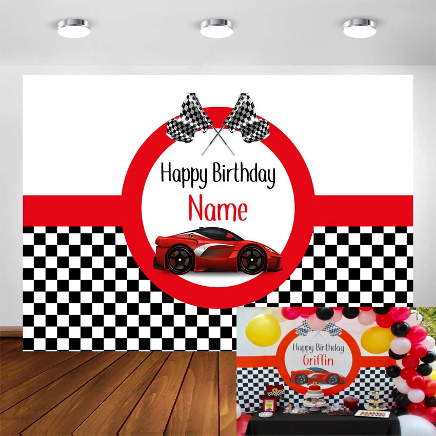 Arrière-plan personnalisé avec nom de voiture de course, arrière-plan d'anniversaire, voiture de course rouge pour garçon,...