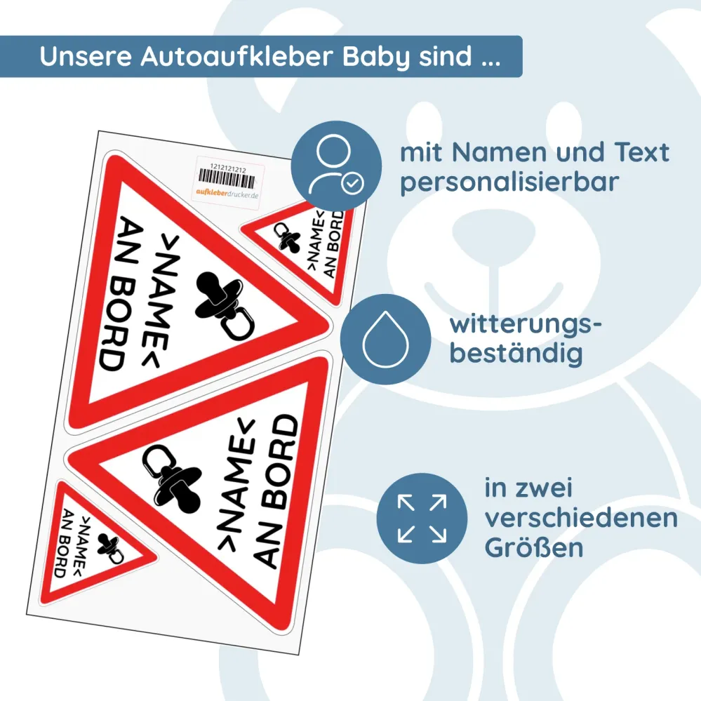 Autocollants de voiture personnalisés Bébé à bord (4 pièces 2x 120 mm 2x 45 mm)