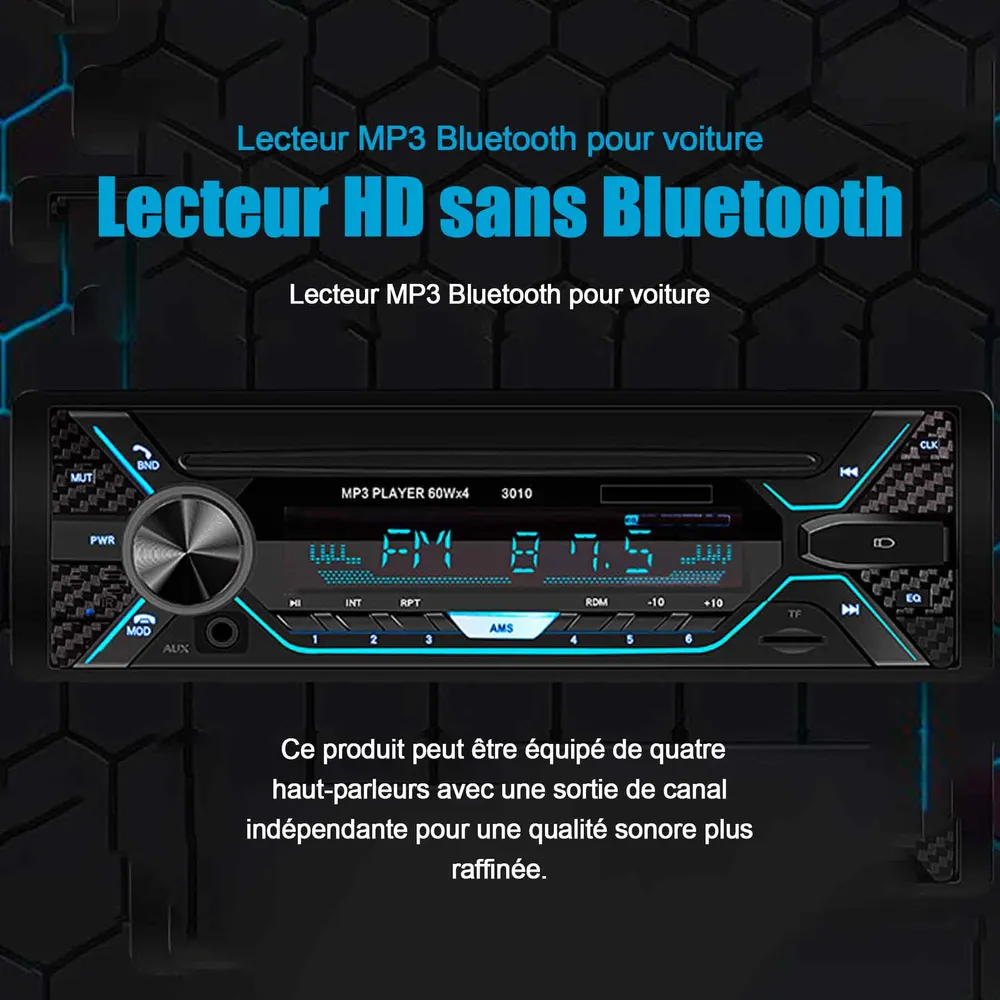 Autoradio bluetooth 60wx4 12V bluetooth radio FM stéréo lecteur mp3 fonction mains libres appels téléphoniques radio voitu...