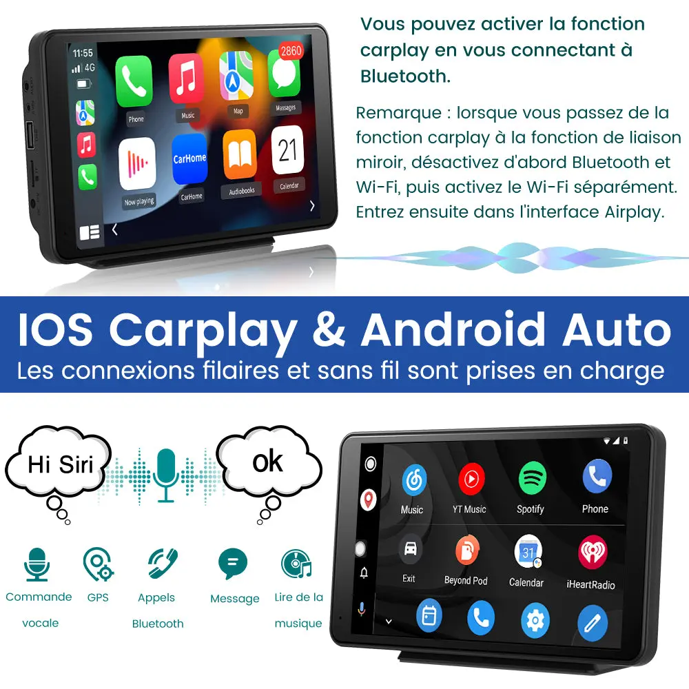 AWESAFE CarPlay Voiture 7 Pouces Touchscreen,Compatible Avec Ios Carplay et Android Auto sans Fil/Android Lien Miroir/Blue...