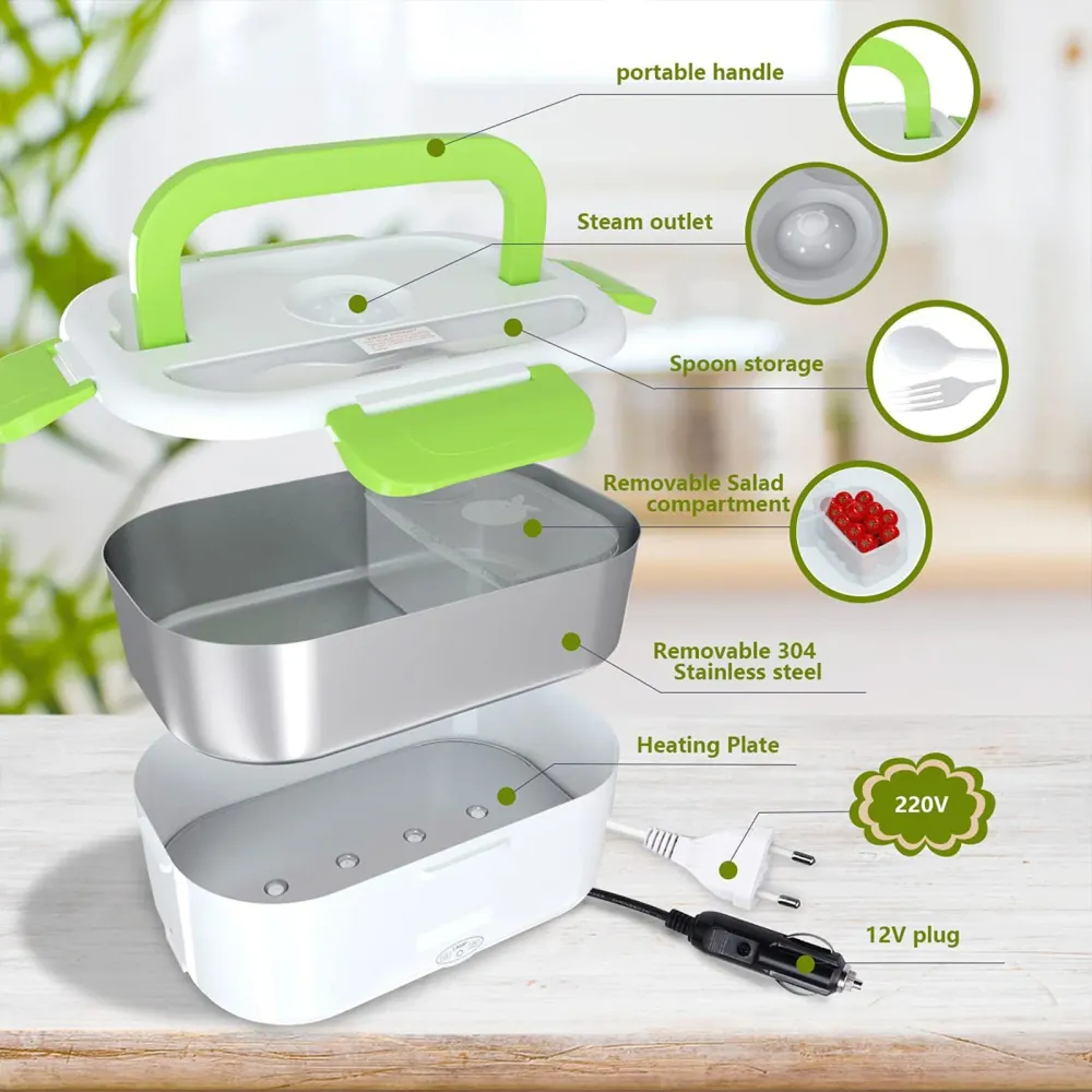 TD® Boîte à Déjeuner Électrique Chauffante Lunch Box Voiture/Pratique et portable / Réchauffage Déjeuner en Voiture / Vert...