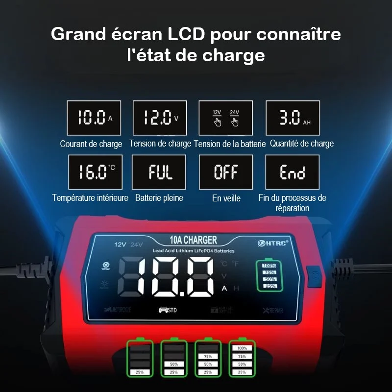 Chargeur de batterie moto 10A 12V-24V Boutique biker