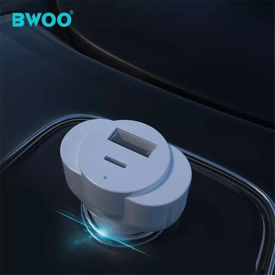 BWOO - Chargeur de Voiture avec 1 Port USB et 1 Type-C , DC 12-24V, Sortie 5V 2.4A, Coque Ignifuge, Blanc