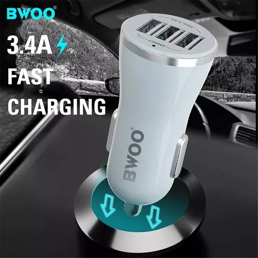 BWOO - Chargeur de Voiture avec 3 Ports USB, DC 12-24V, Sortie 5V 3.4A, Coque Ignifuge, Blanc