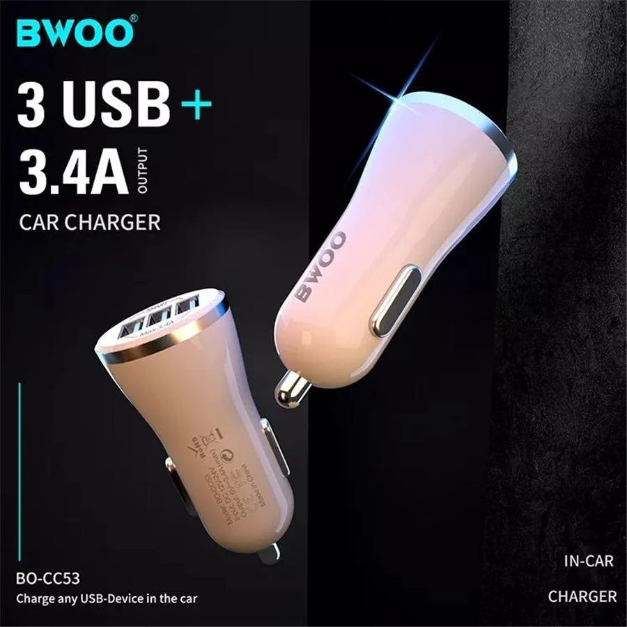 BWOO - Chargeur de Voiture avec 3 Ports USB, DC 12-24V, Sortie 5V 3.4A, Coque Ignifuge, Blanc