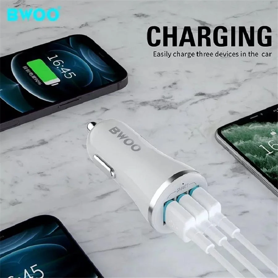 BWOO - Chargeur de Voiture avec 3 Ports USB, DC 12-24V, Sortie 5V 3.4A, Coque Ignifuge, Blanc