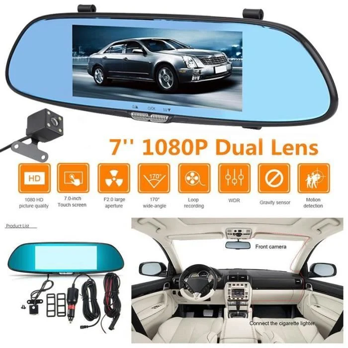 TD® Caméra de Recul 7 pouces de Voiture, Ecran Tactile Rétroviseur de Voiture, Vision Nocturne 1080 P Full HD / Haute qualité